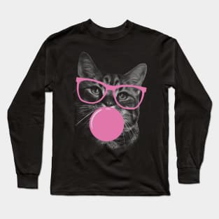 Cute Sassy Cat Pink Bubble Gum Long Sleeve T-Shirt